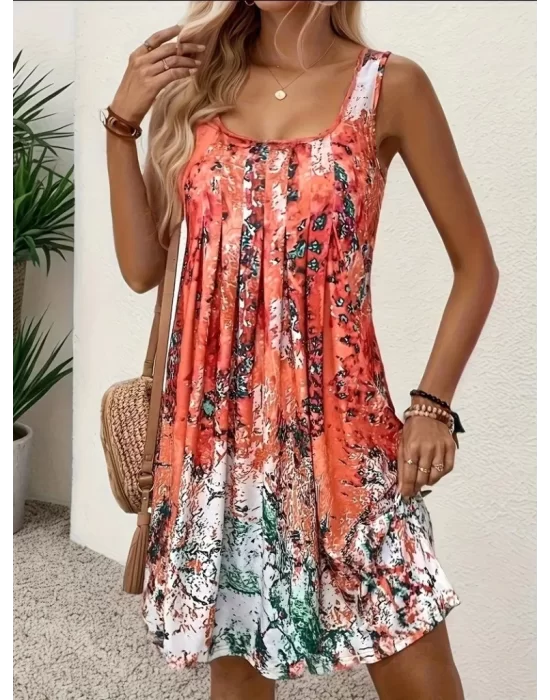 Kadın Sıfır Kollu Kare Yaka önden Pileli Salaş Süprem Elbise