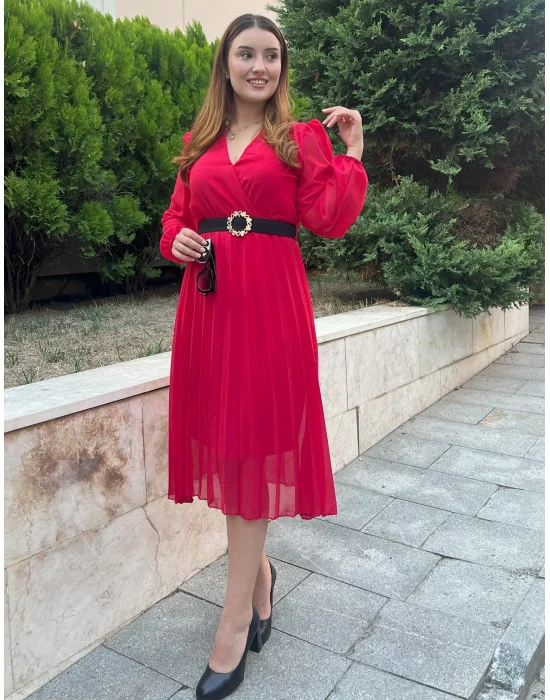 Kadın şifon Kumaş Astalı Kloş Kesim Kruvaze Yaka Midi Boy Elbise