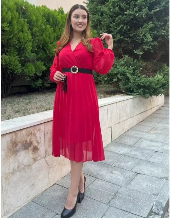 Kadın şifon Kumaş Astalı Kloş Kesim Kruvaze Yaka Midi Boy Elbise
