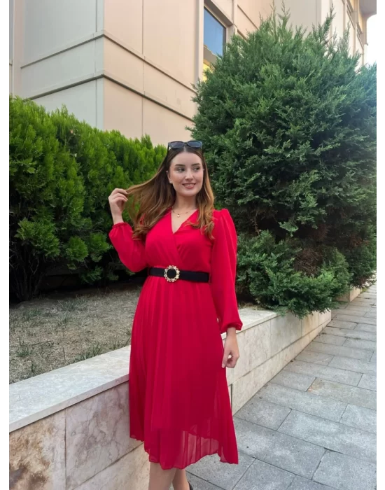 Kadın şifon Kumaş Astalı Kloş Kesim Kruvaze Yaka Midi Boy Elbise