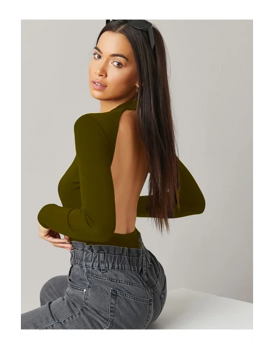 MetuCa Kadın Haki Yeşil Sırt Dekolteli Bisiklet Yaka Uzun Kollu Sandy Kumaş Bodysuit Zıbın