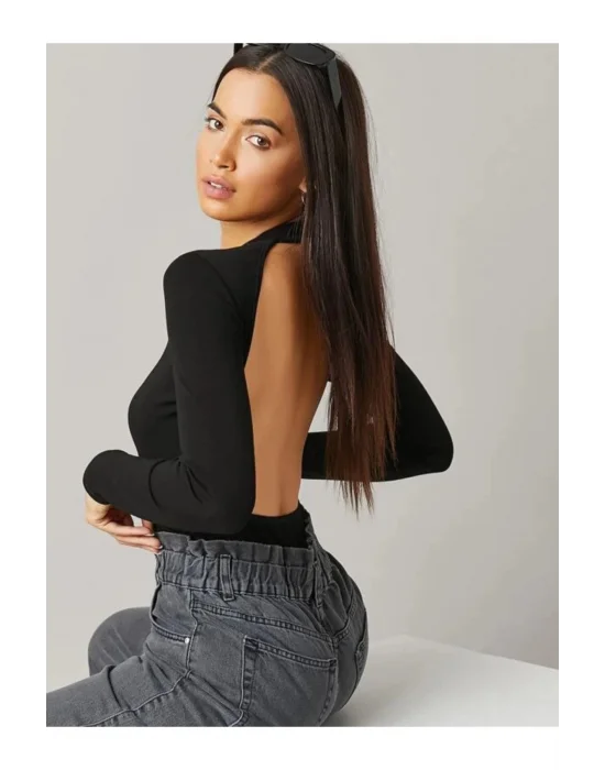 MetuCa Kadın Siyah Sırt Dekolteli Bisiklet Yaka Uzun Kollu Sandy Kumaş Bodysuit Zıbın