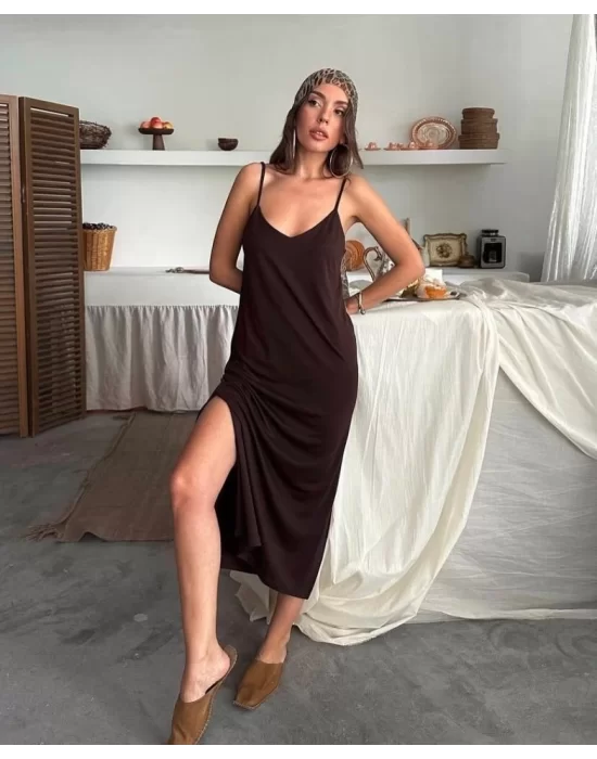 Kadın Siyah Asansör Askılı Çift Yırtmaçlı Helen Elbise