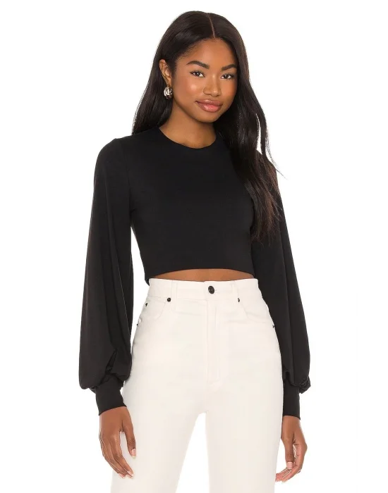 Kadın Siyah Balon Kesim Uzun Kol İpek Jarse Crop Top