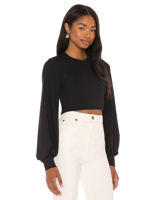Kadın Siyah Balon Kesim Uzun Kol İpek Jarse Crop Top
