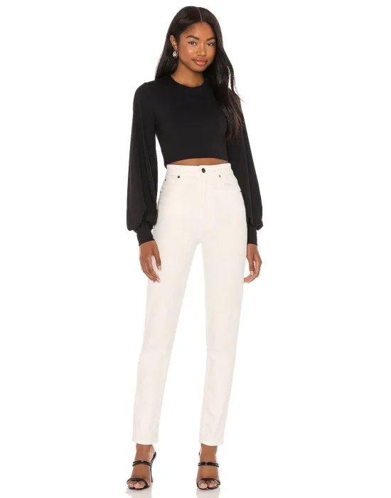 Kadın Siyah Balon Kesim Uzun Kol İpek Jarse Crop Top