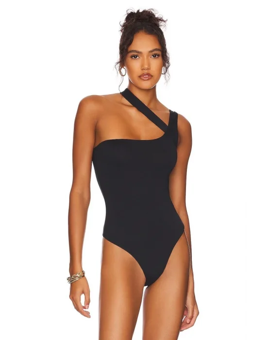 Kadın Siyah Çapraz Askılı Tek Omuz Bodysuit
