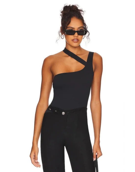 Kadın Siyah Çapraz Askılı Tek Omuz Bodysuit