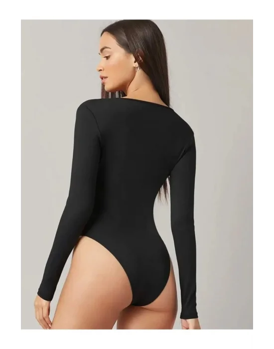 Kadın Siyah Derin V Yaka Ipek Jarse Bodysuit