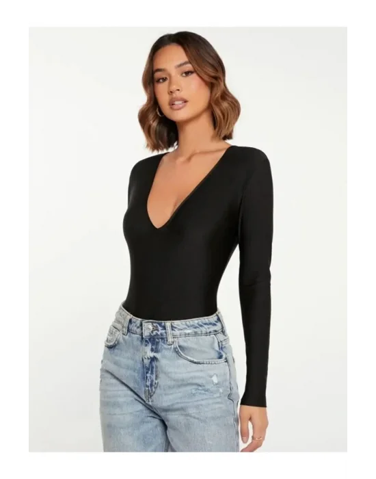 Kadın Siyah Derin V Yaka Ipek Jarse Bodysuit