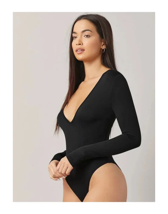 Kadın Siyah Derin V Yaka Ipek Jarse Bodysuit