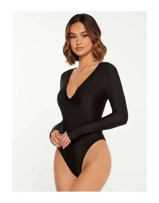 Kadın Siyah Derin V Yaka Ipek Jarse Bodysuit