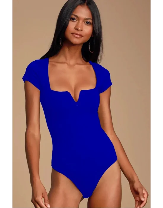 MetuCa Kadın Mavi V Detaylı Kare Yaka Kısa Kollu Jarse Kumaş Tanga Kesim Bodysuit Zıbın