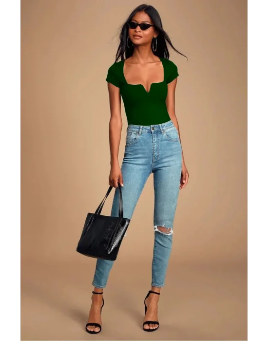 MetuCa Kadın Yeşil V Detaylı Kare Yaka Kısa Kollu Jarse Kumaş Tanga Kesim Bodysuit Zıbın