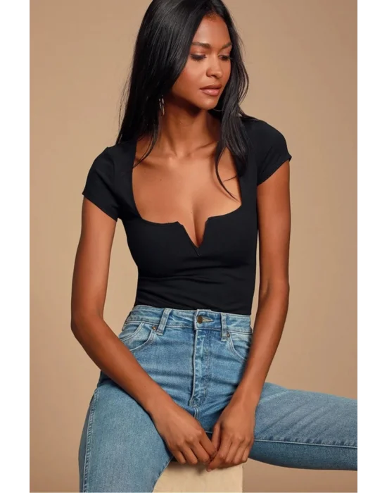 MetuCa Kadın Siyah V Detaylı Kare Yaka Kısa Kollu Jarse Kumaş Tanga Kesim Bodysuit Zıbın