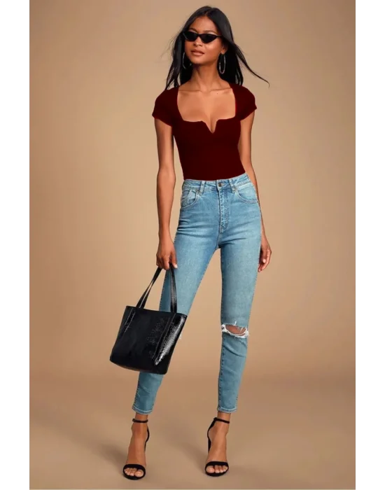 MetuCa Kadın Bordo V Detaylı Kare Yaka Kısa Kollu Jarse Kumaş Tanga Kesim Bodysuit Zıbın