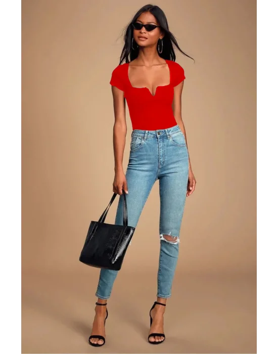 MetuCa Kadın Kırmızı V Detaylı Kare Yaka Kısa Kollu Jarse Kumaş Tanga Kesim Bodysuit Zıbın