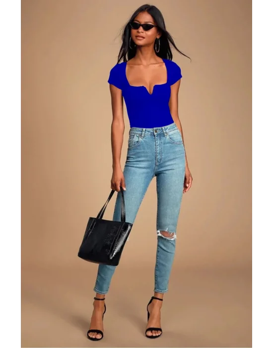 MetuCa Kadın Mavi V Detaylı Kare Yaka Kısa Kollu Jarse Kumaş Tanga Kesim Bodysuit Zıbın