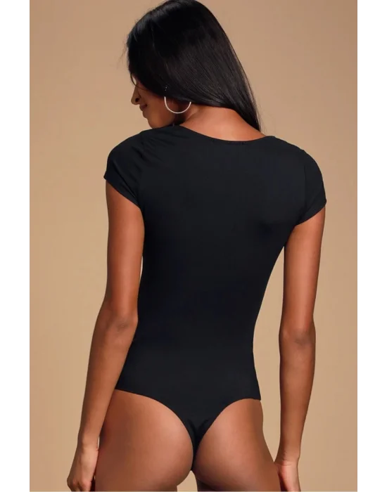 MetuCa Kadın Siyah V Detaylı Kare Yaka Kısa Kollu Jarse Kumaş Tanga Kesim Bodysuit Zıbın