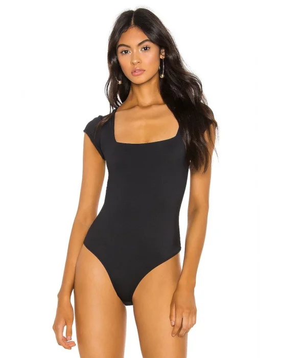 Kadın Siyah Kare Yaka Kısa Kol Ipek Jarse Bodysuit