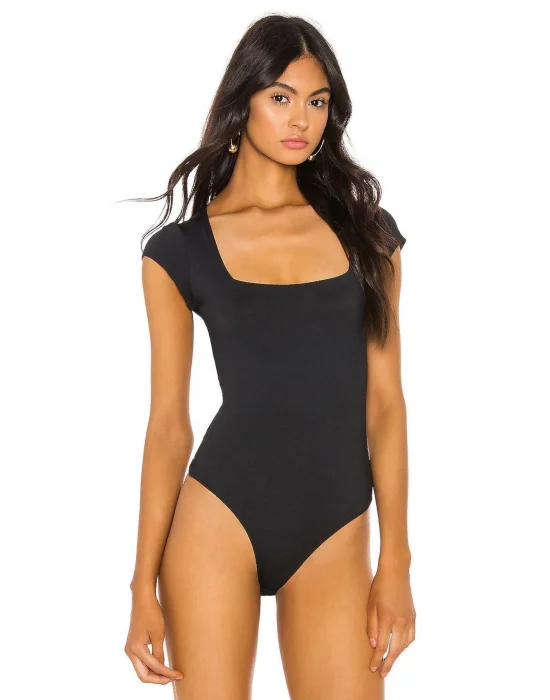 Kadın Siyah Kare Yaka Kısa Kol Ipek Jarse Bodysuit