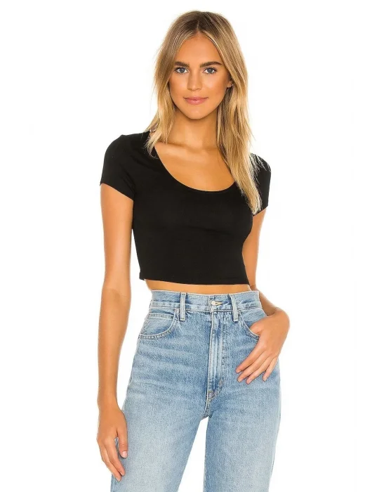 Kadın Siyah Kısa Kol U Yaka Ipek Jarse Crop Top