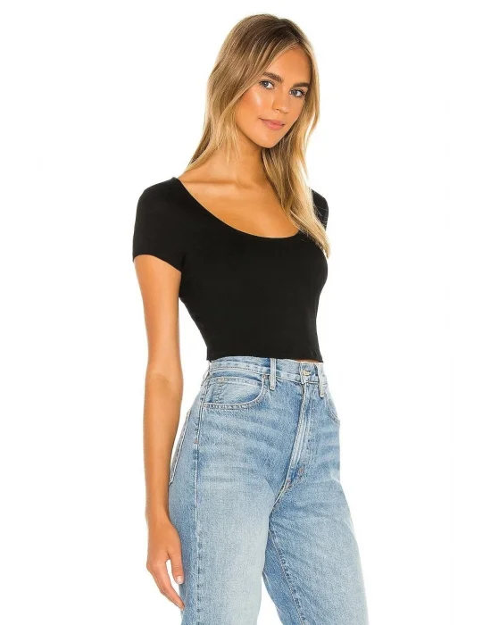 Kadın Siyah Kısa Kol U Yaka Ipek Jarse Crop Top