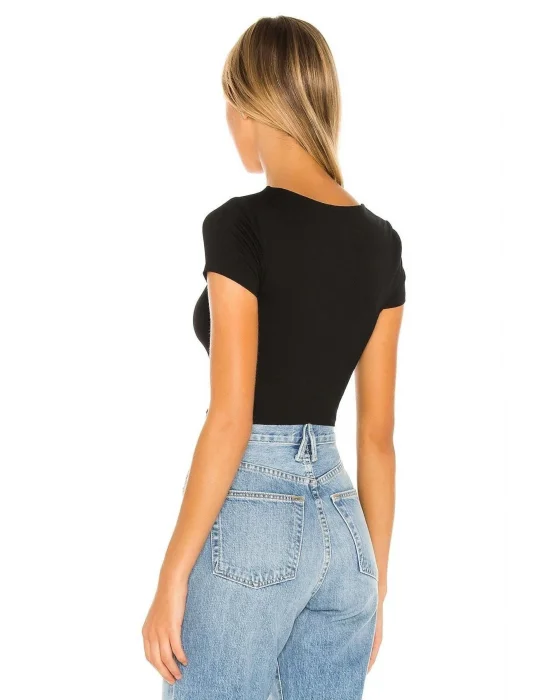 Kadın Siyah Kısa Kol U Yaka Ipek Jarse Crop Top