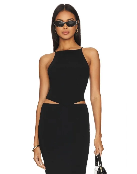 Kadın Siyah Sıfır Kol Asimetrik Kesim Ipek Jarse Crop Top