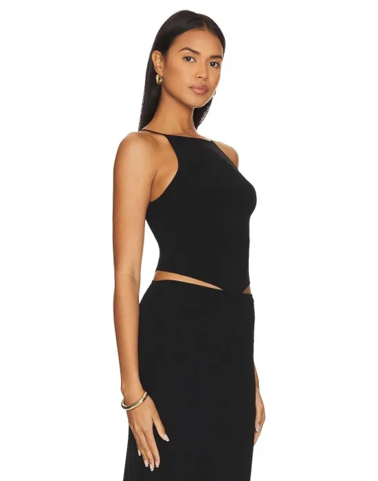 Kadın Siyah Sıfır Kol Asimetrik Kesim Ipek Jarse Crop Top