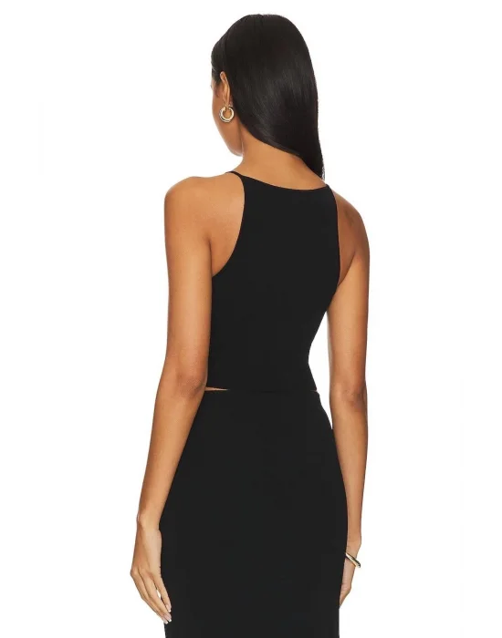 Kadın Siyah Sıfır Kol Asimetrik Kesim Ipek Jarse Crop Top