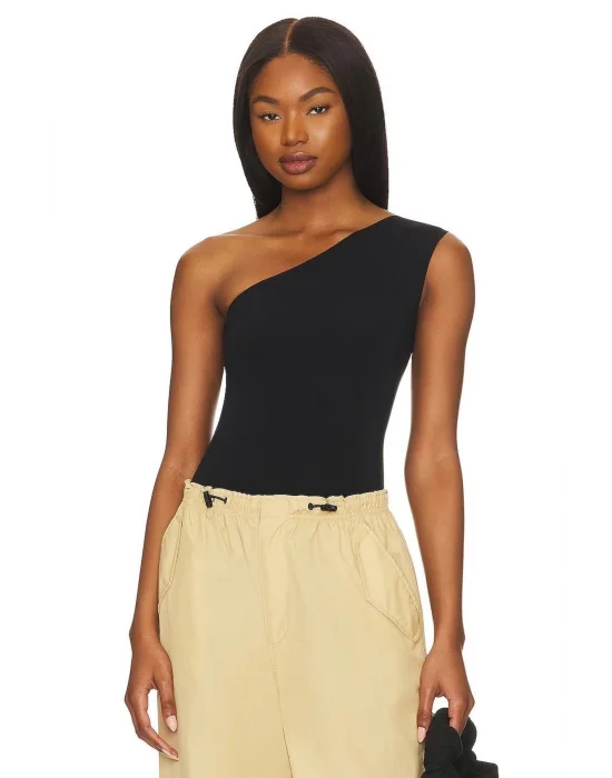 Kadın Siyah Sıfır Kol Asimetrik Kesim Tek Omuz Çift Kat Ipek Jarse Bodysuit