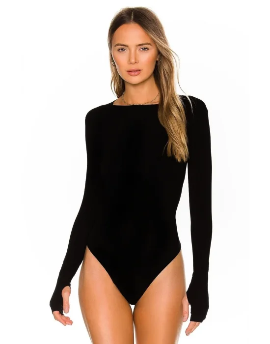 Kadın Siyah Sıfır Yaka Parmak Geçmeli Bodysuit