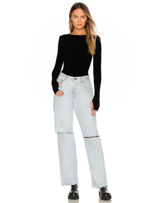 Kadın Siyah Sıfır Yaka Parmak Geçmeli Bodysuit