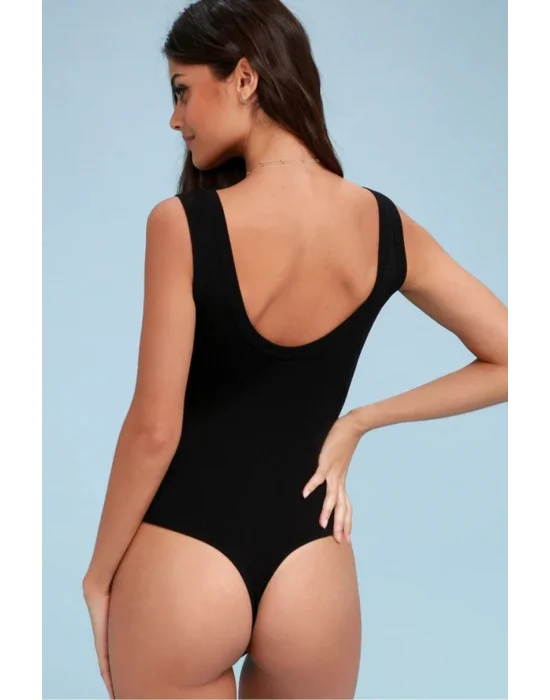 Kadın Siyah Sırt Dekolte Ipek Jarse Bodysuit