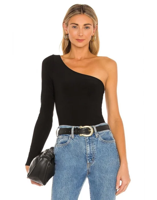 Kadın Siyah Tek Omuz Dekolteli Ipek Jarse Bodysuit