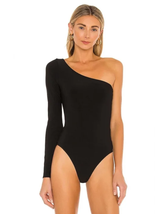Kadın Siyah Tek Omuz Dekolteli Ipek Jarse Bodysuit