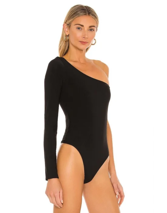 Kadın Siyah Tek Omuz Dekolteli Ipek Jarse Bodysuit