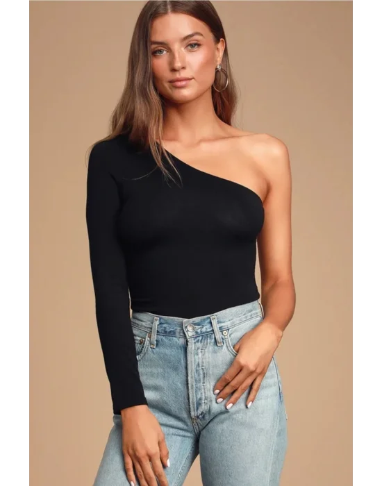 Kadın Siyah Tek Omuz Ipek Jarse Body
