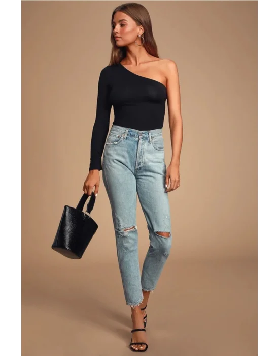 Kadın Siyah Tek Omuz Ipek Jarse Body