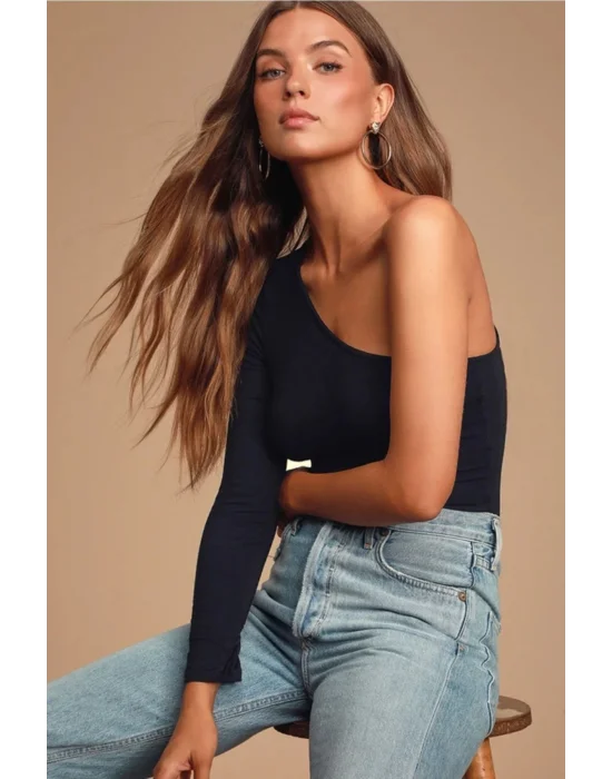Kadın Siyah Tek Omuz Ipek Jarse Body