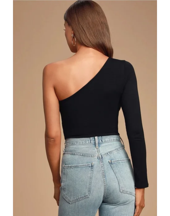 Kadın Siyah Tek Omuz Ipek Jarse Body