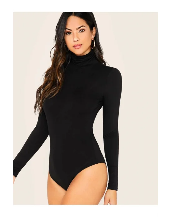 Kadın Siyah Uzun Kol Ipek Jarse Bodysuit