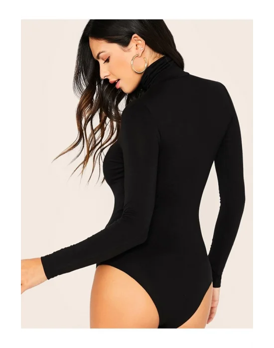 Kadın Siyah Uzun Kol Ipek Jarse Bodysuit