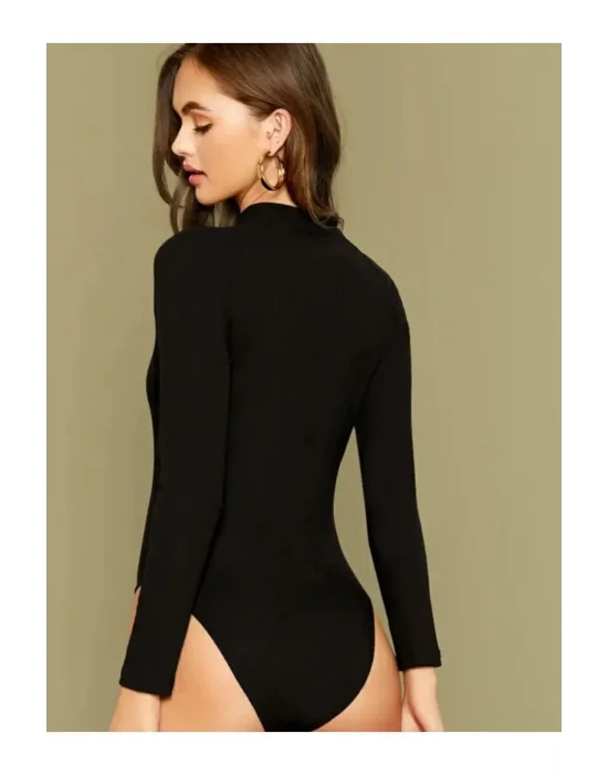 Kadın Siyah Uzun Kol Ipek Jarse Bodysuit