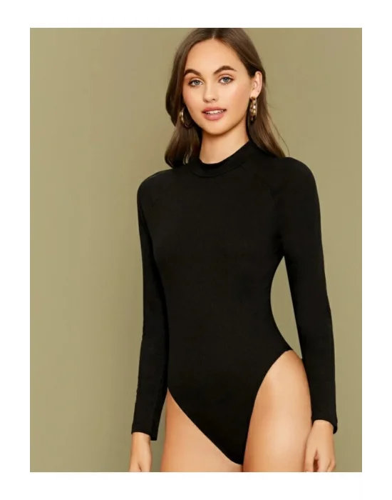 Kadın Siyah Uzun Kol Ipek Jarse Bodysuit