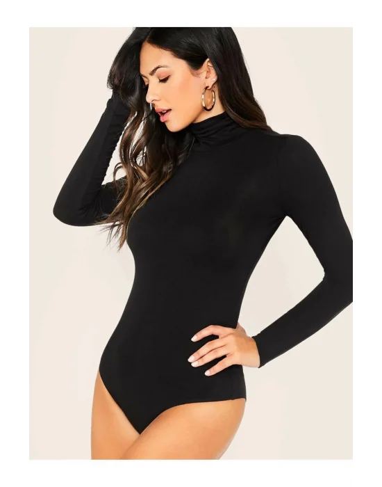 Kadın Siyah Uzun Kol Ipek Jarse Bodysuit