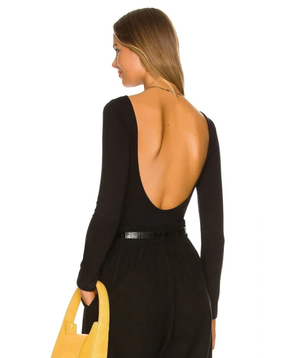 Kadın Siyah Uzun Kol Ipek Jarse Sırt Dekolteli Bodysuit