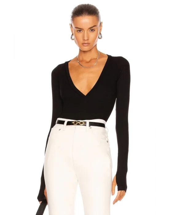 Kadın Siyah Uzun Kollu Ipek Jarse Bodysuit