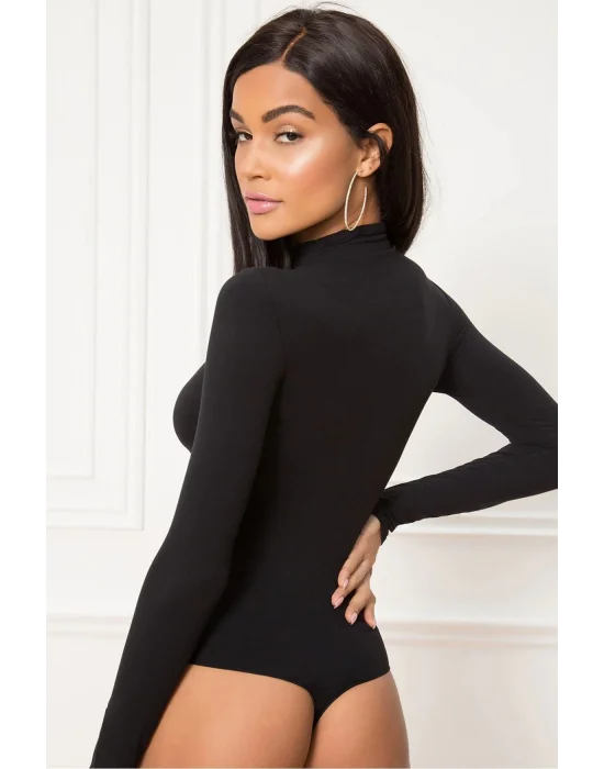 Kadın Siyah Uzun Kollu Ipek Jarse Bodysuit